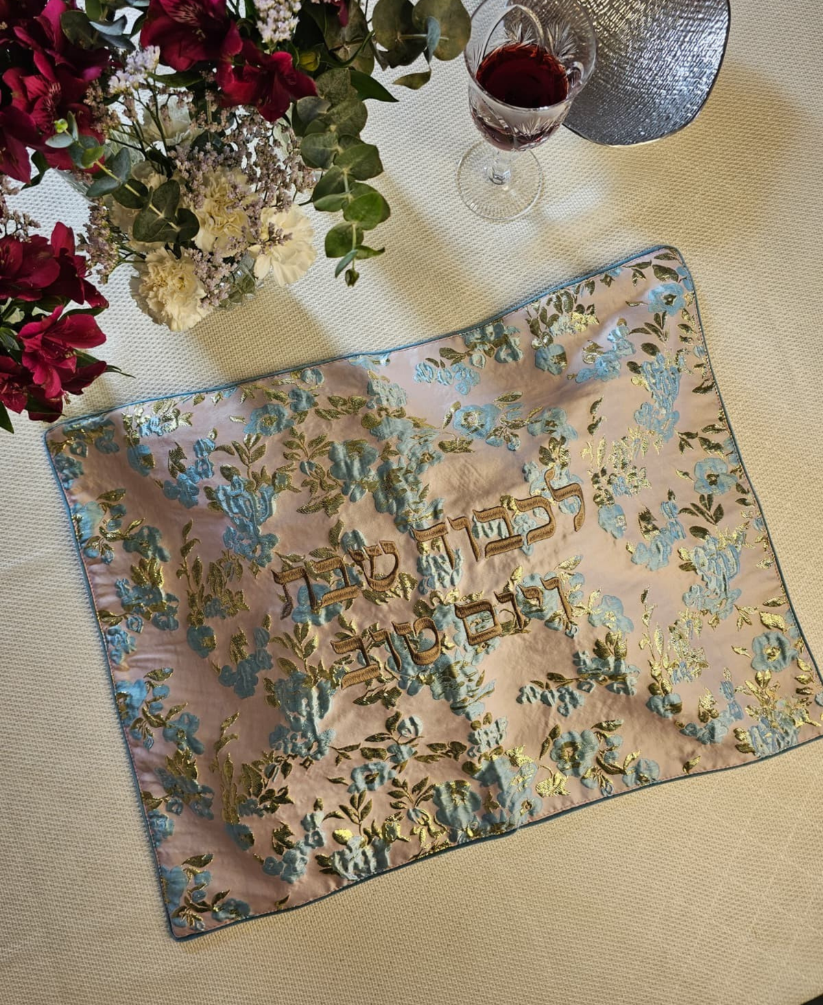 Golden Dusk challah cover in golden brocade jacquard with embroidery | MitzvahArt