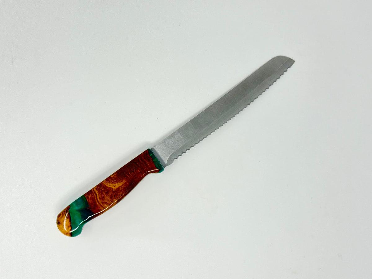 Etz HaChaim challah knife No. 1, olive wood and green epoxy handle | MitzvahArt