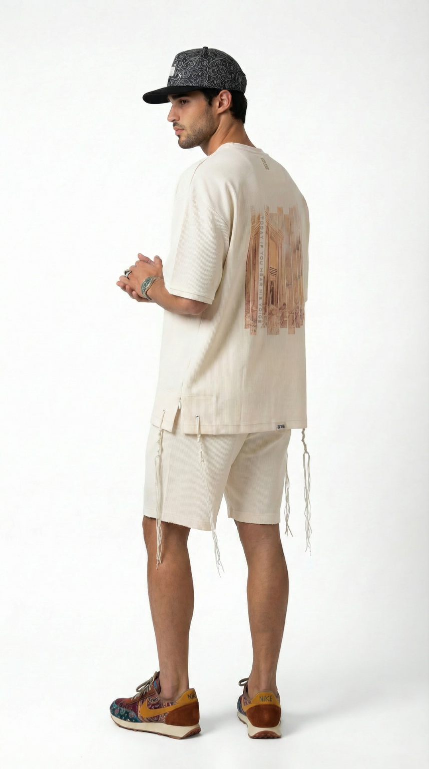 Eternal Temple tzitzit shirt in beige, front view