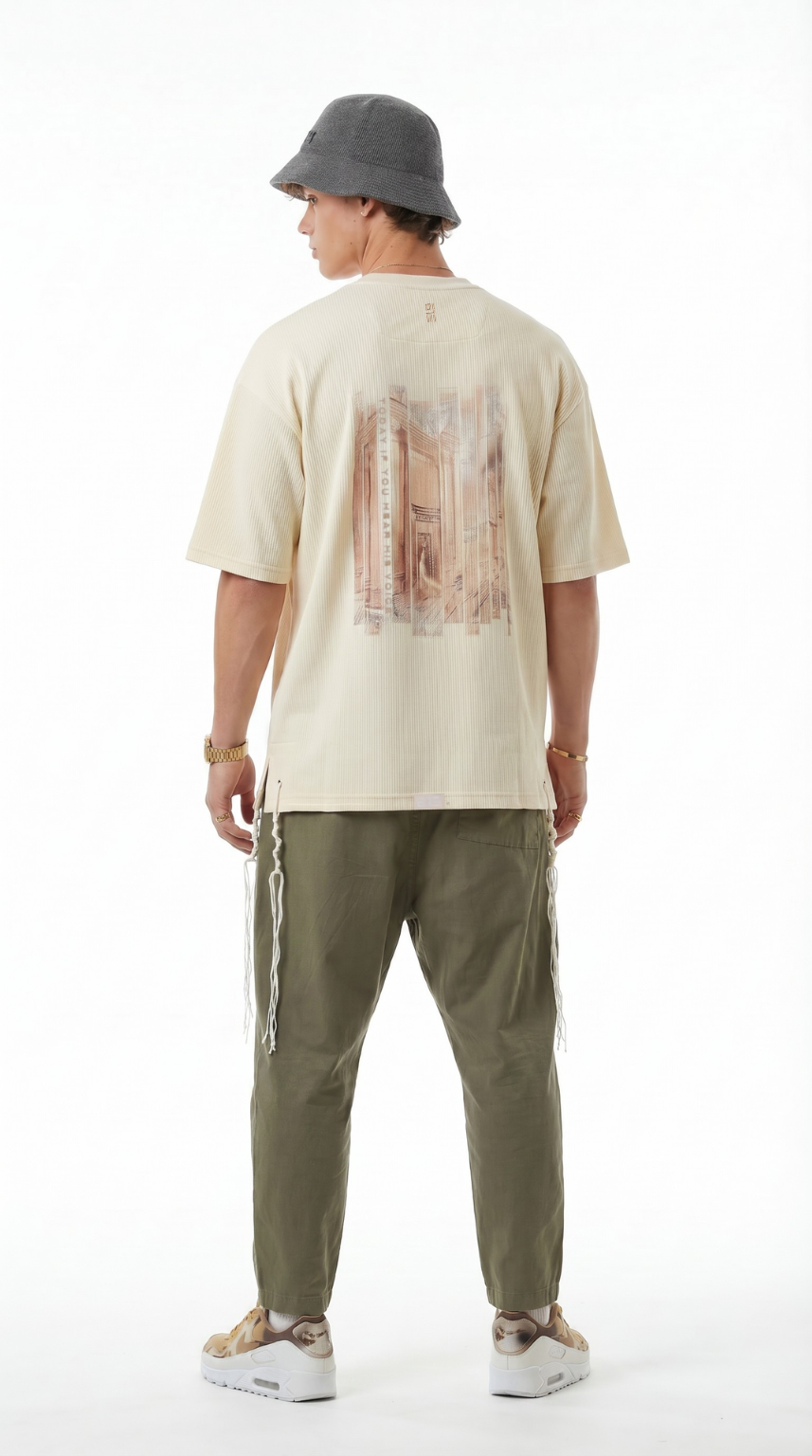 Eternal Temple tzitzit shirt in beige with olive trousers