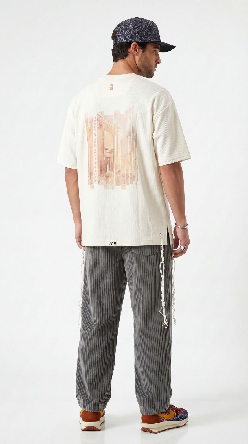 Eternal Temple tzitzit shirt in beige, back print