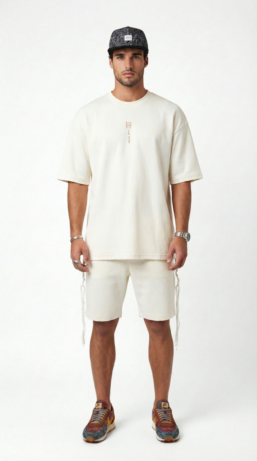 Eternal Temple tzitzit shirt in beige with shorts