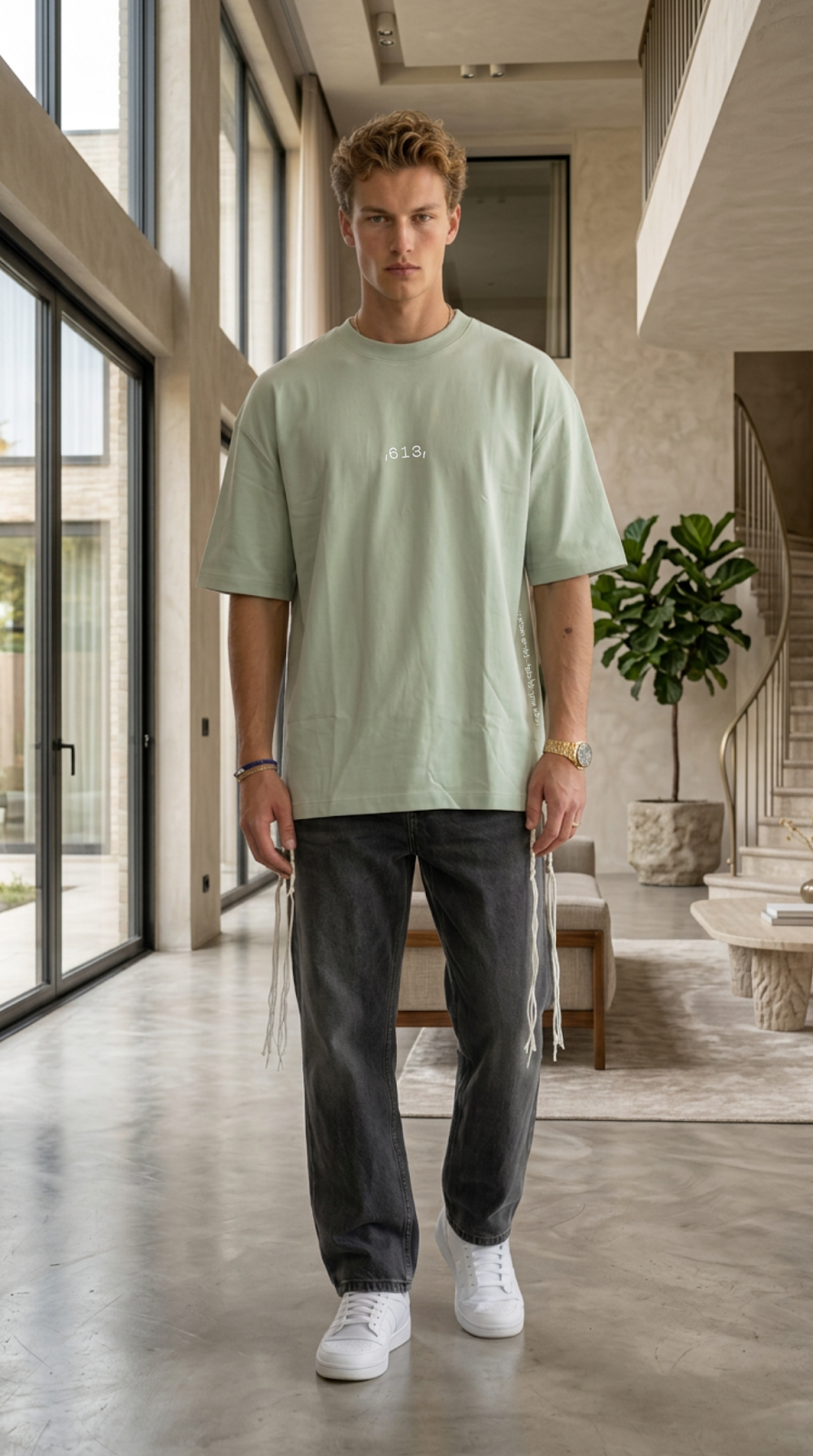 Wings of Vision tzitzit shirt in sage green, styled indoors