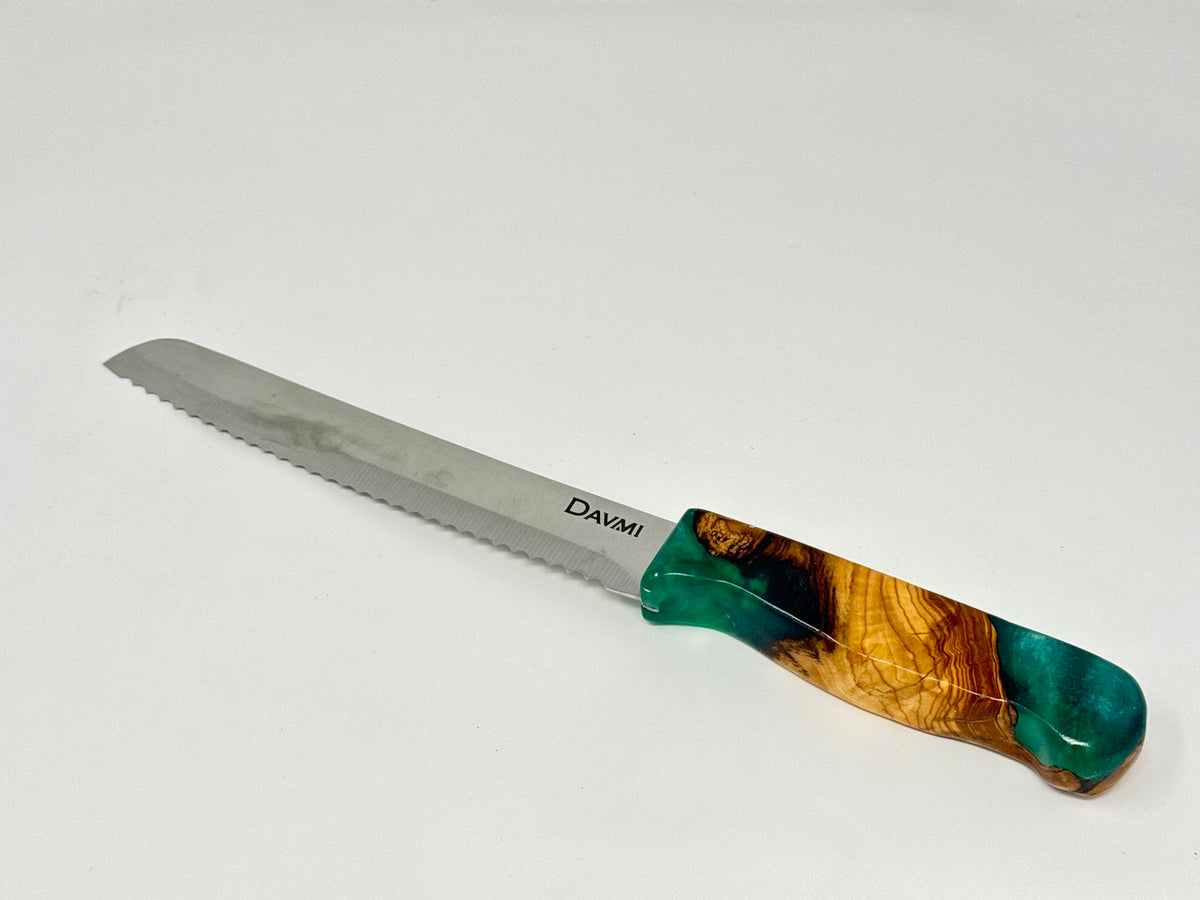 Etz HaChaim challah knife No. 2, olive wood and green epoxy handle | MitzvahArt
