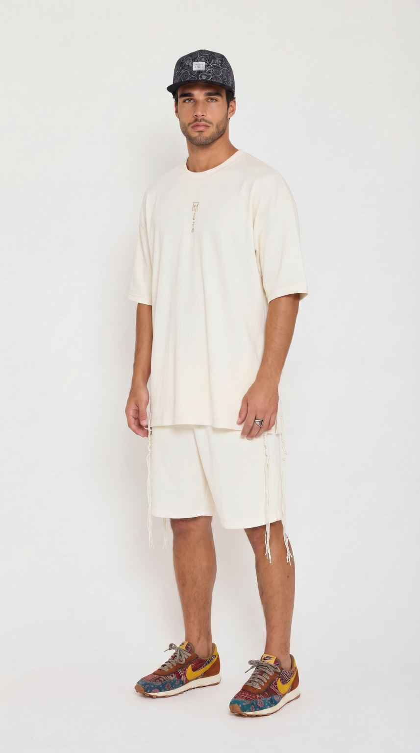 Eternal Temple tzitzit shirt in beige, styled