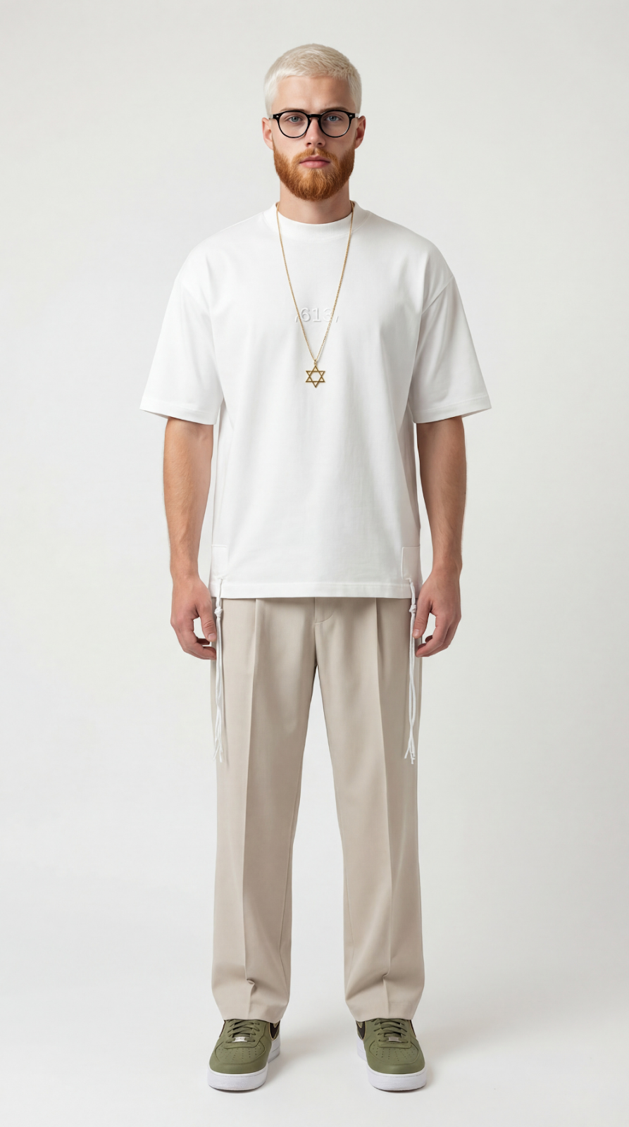 Source Connection oversize tzitzit shirt in cream - front | 613 by MitzvahArt