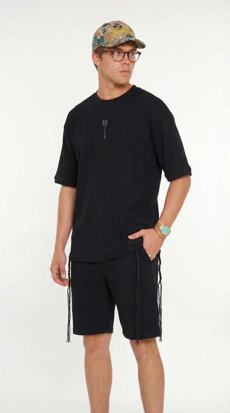 Eternal Temple tzitzit shirt in black with khaki pants | 613 by MitzvahArt