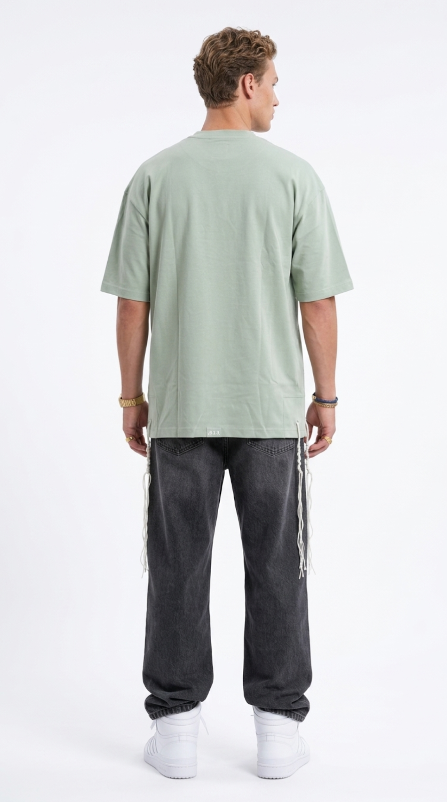 Wings of Vision tzitzit shirt in sage green, full length