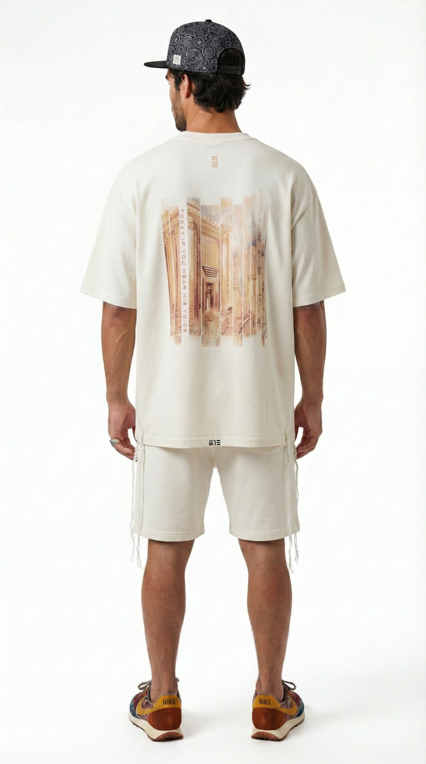 Eternal Temple tzitzit shirt in beige, back view