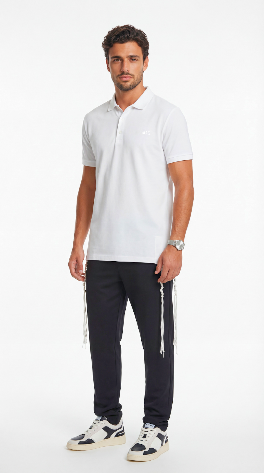 Noble Insight tzitzit polo shirt in white - detail | 613 by MitzvahArt