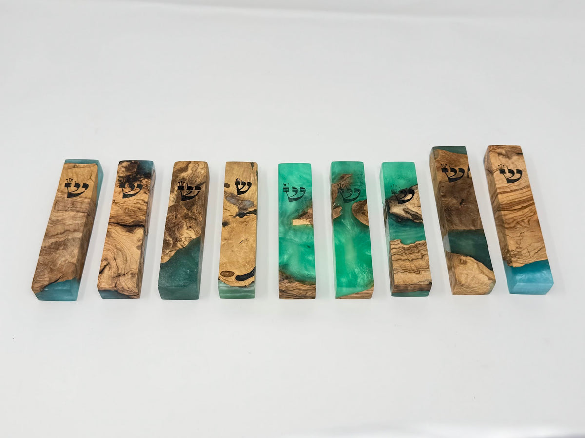 Green olive wood and resin mezuzah cases shown as a set, 10 cm | MitzvahArt