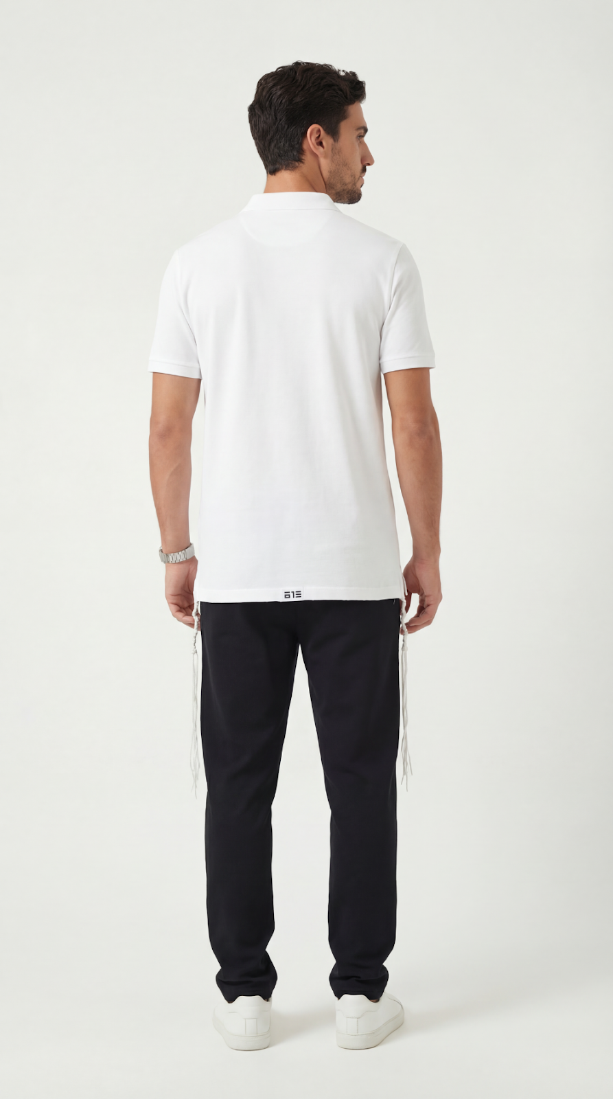 Noble Insight tzitzit polo shirt in white - full look | 613 by MitzvahArt