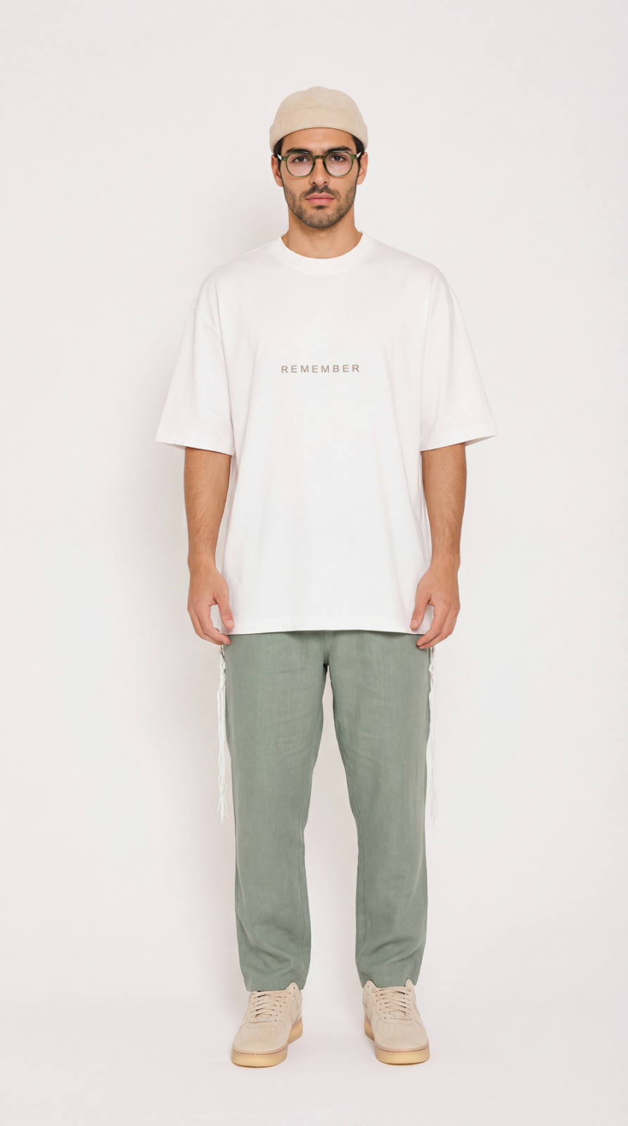 Remember Zion oversize tzitzit shirt in cream - full look | 613 by MitzvahArt