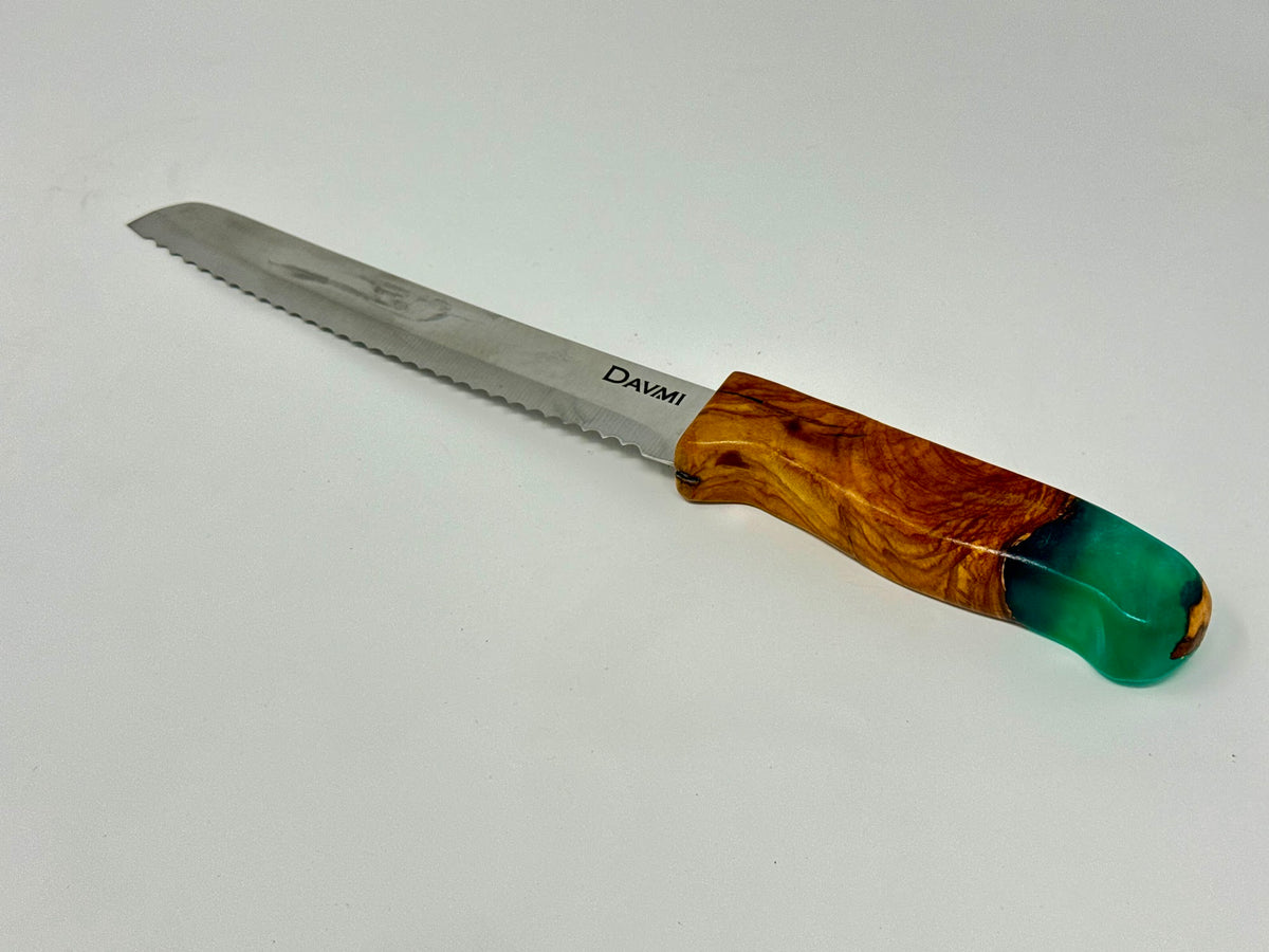 Etz HaChaim challah knife No. 6, olive wood and green epoxy handle | MitzvahArt