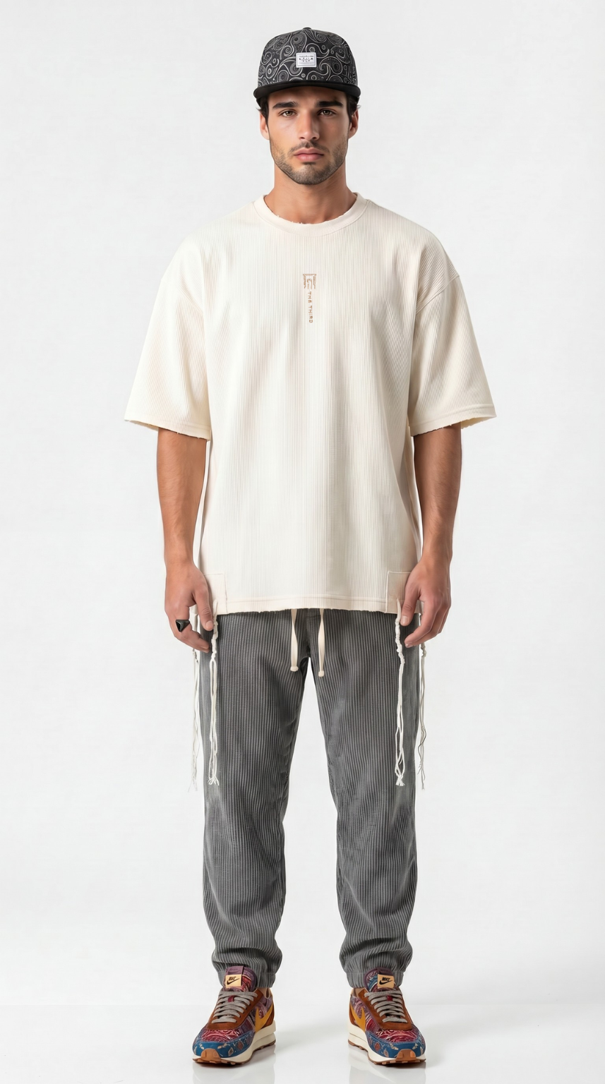 Eternal Temple tzitzit shirt in beige, front view