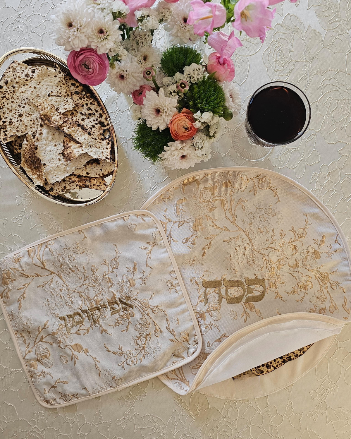 Rosed Bloom matzah cover and afikoman bag set in rose brocade jacquard | MitzvahArt