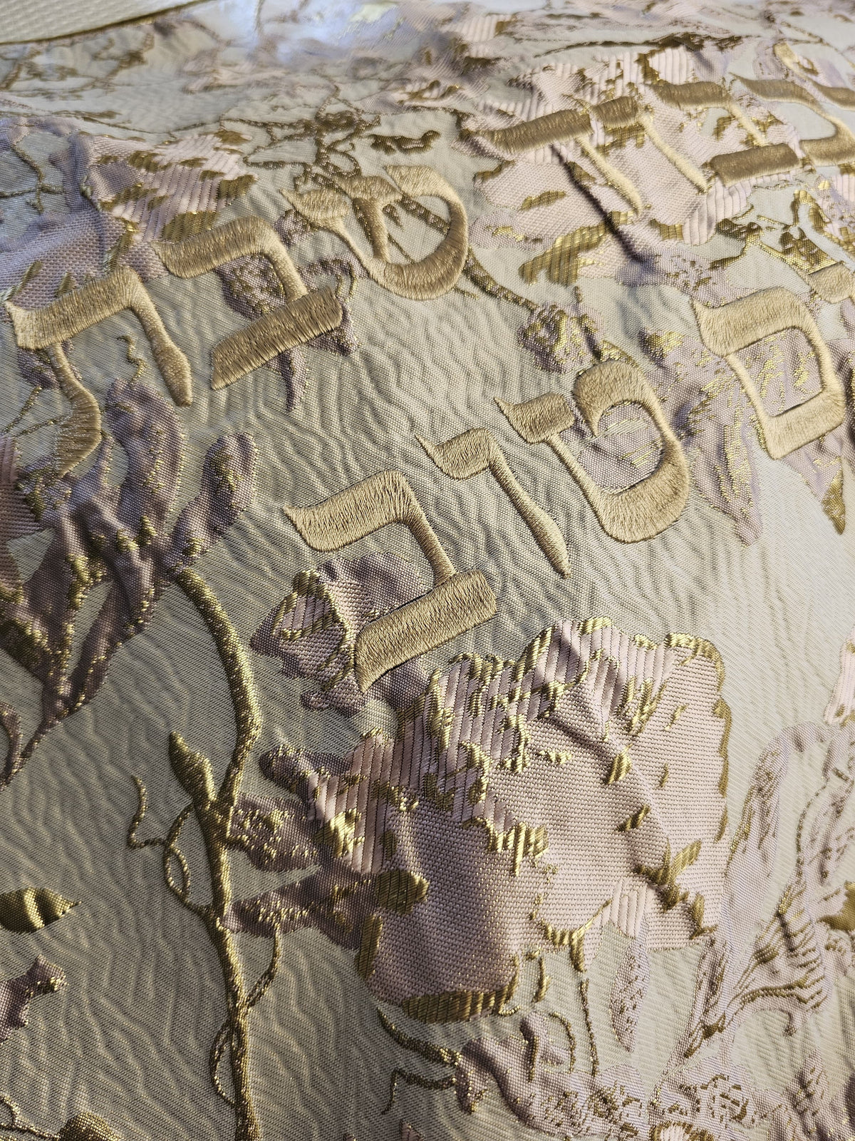Dusted Florals challah cover shown on a set Shabbos table | MitzvahArt