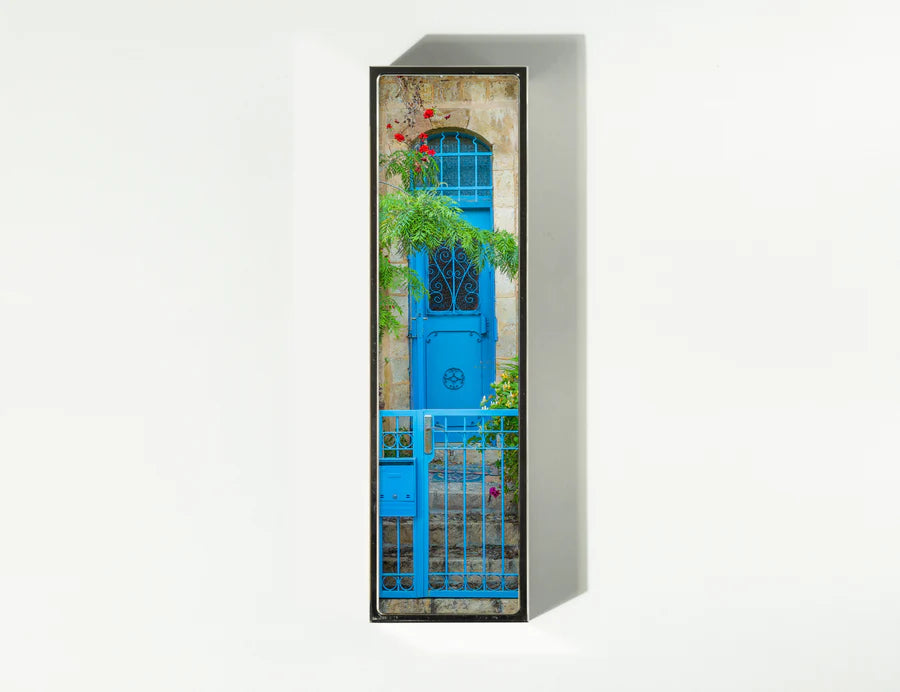 Enter Through Blue Mezuzah, detail of the finish | MitzvahArt