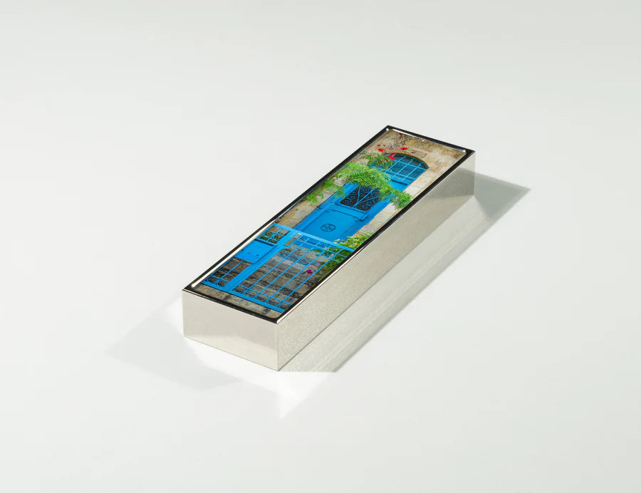 Enter Through Blue Mezuzah with waterproof scroll tube and bracket | MitzvahArt