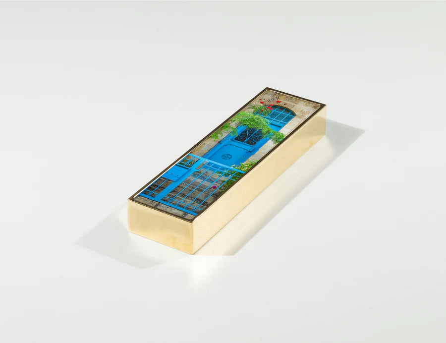 Enter Through Blue Mezuzah by Yehoshua Aryeh, solid brass case with Israeli photography | MitzvahArt