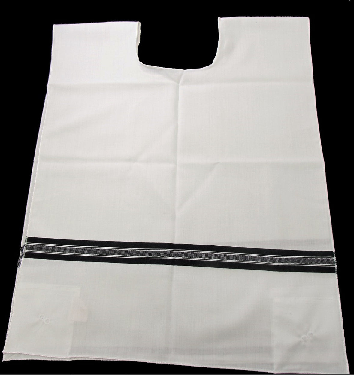Chabad tallit katan, back view showing the halachic neck opening | MitzvahArt