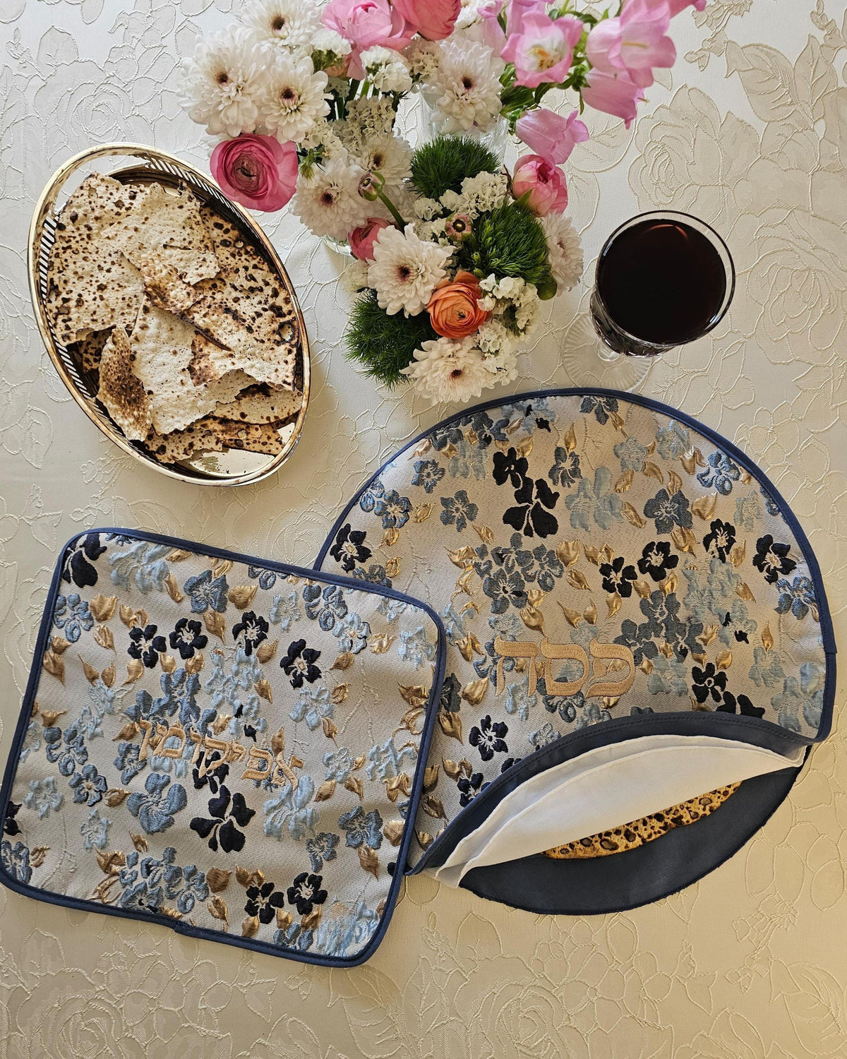 Blue Flowers Blooming matzah cover and afikoman bag set in brocade jacquard | MitzvahArt
