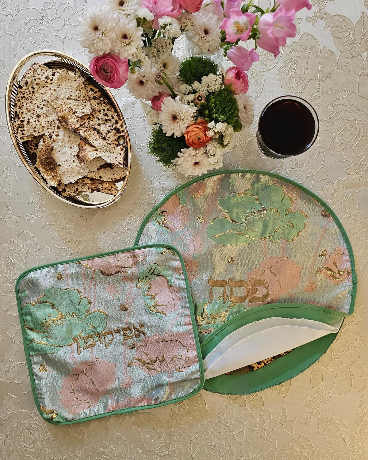 Golden Spring matzah cover and afikoman bag set in gold brocade jacquard | MitzvahArt