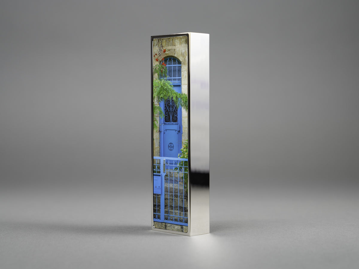 Enter Through Blue Mezuzah shown in silver and gold | MitzvahArt