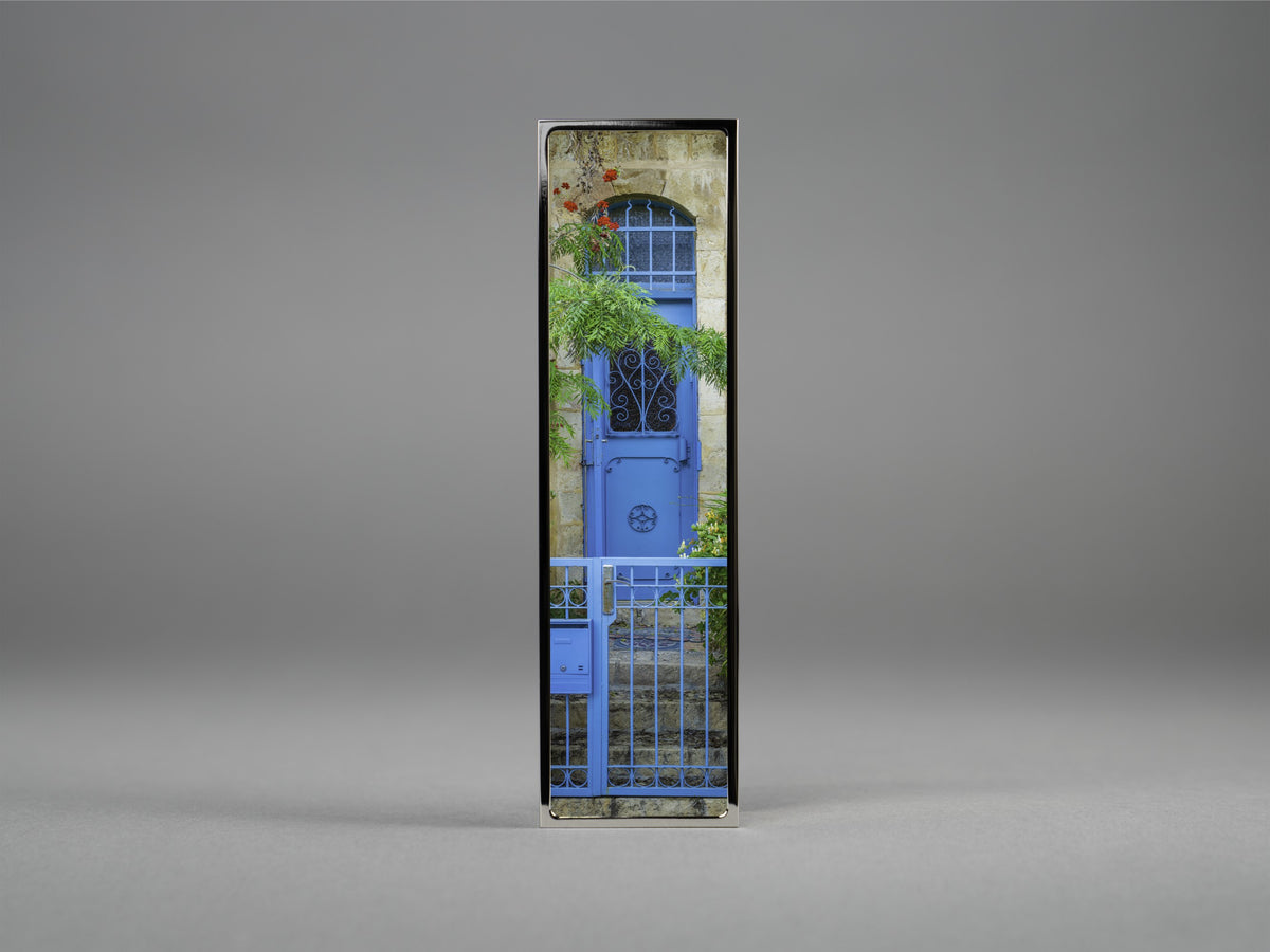 Enter Through Blue Mezuzah, side profile of the brass case | MitzvahArt