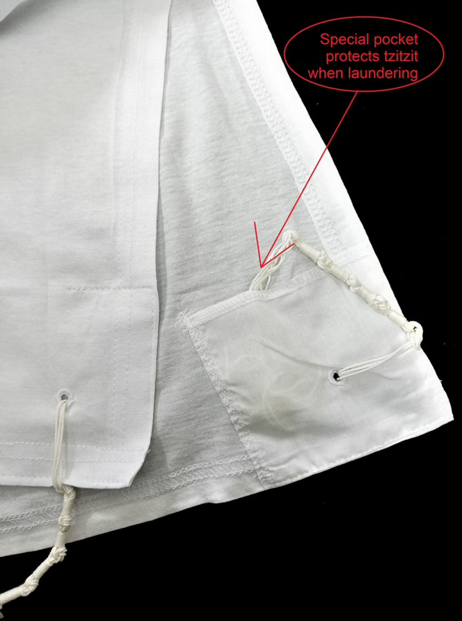 Cotton tzitzit undershirt with tzitzit pockets to protect the strings | MitzvahArt