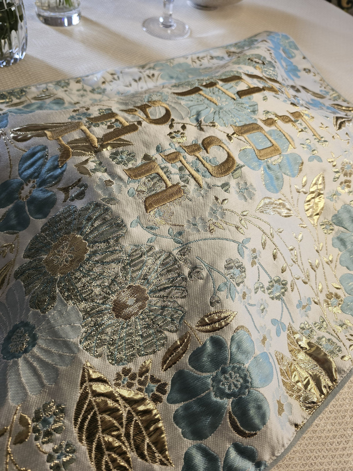 Blue Foiled Flowers challah cover, close view of the foiled blooms | MitzvahArt