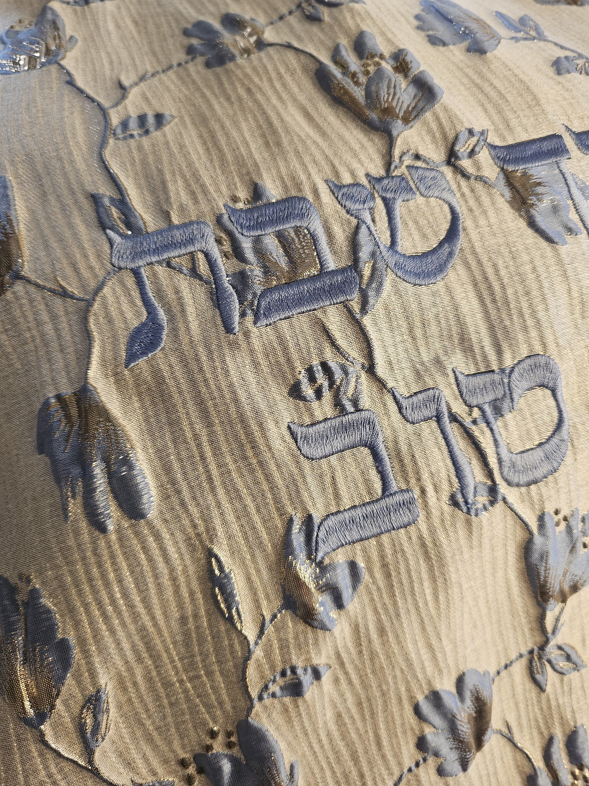 Italian Bluebells challah cover shown on the Shabbos table | MitzvahArt