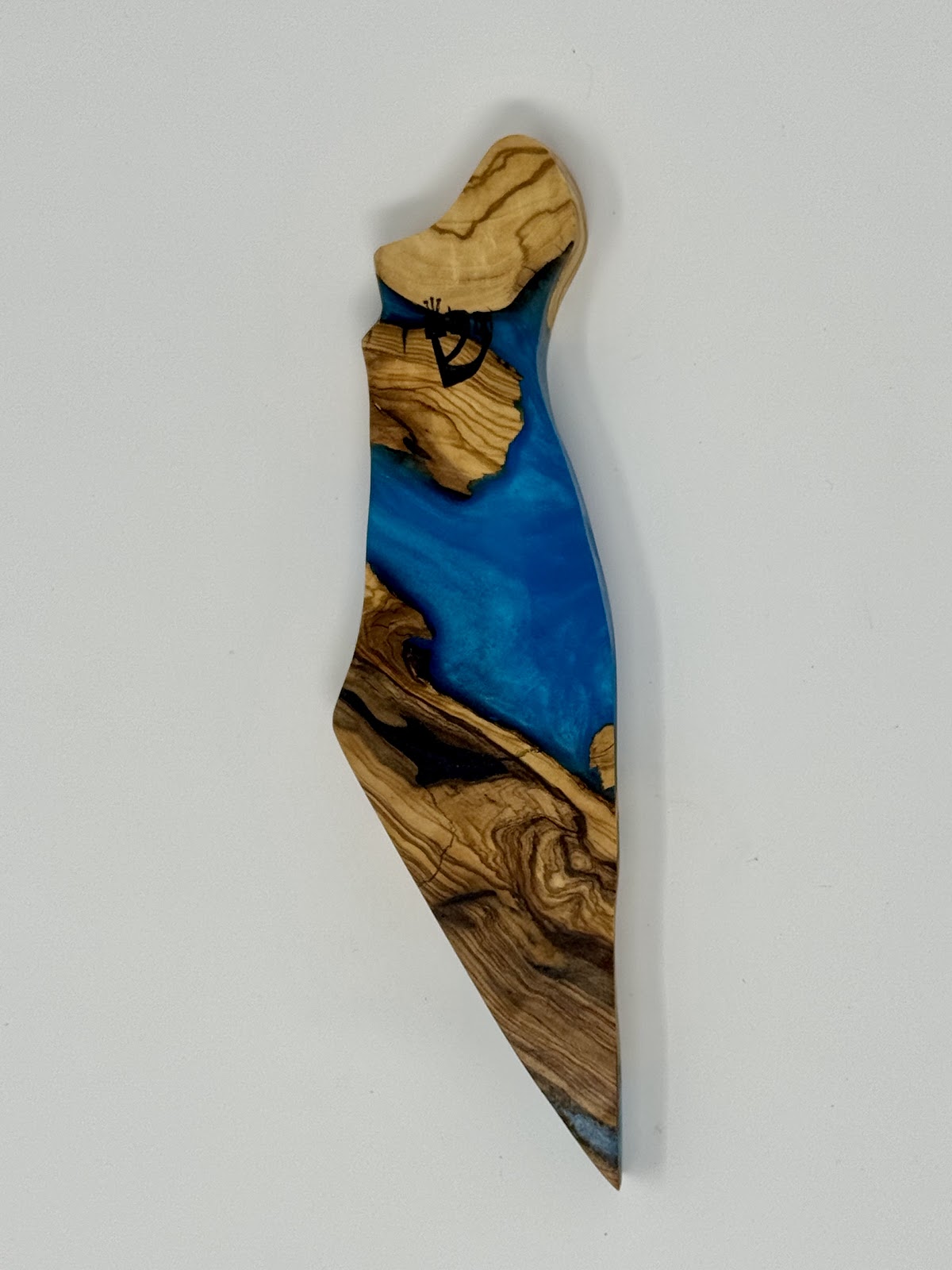 Handmade Israeli Olive Wood Mezuzah Case – Large Blue #6 – olive wood and blue epoxy detail