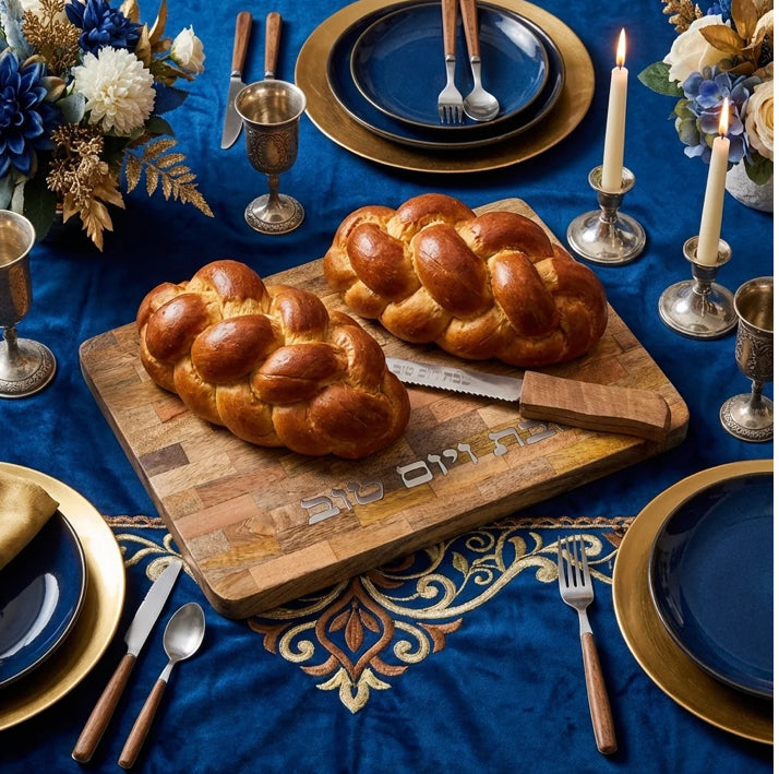 Challah tray set for Shabbos with two challot, knife and kiddush cup | MitzvahArt