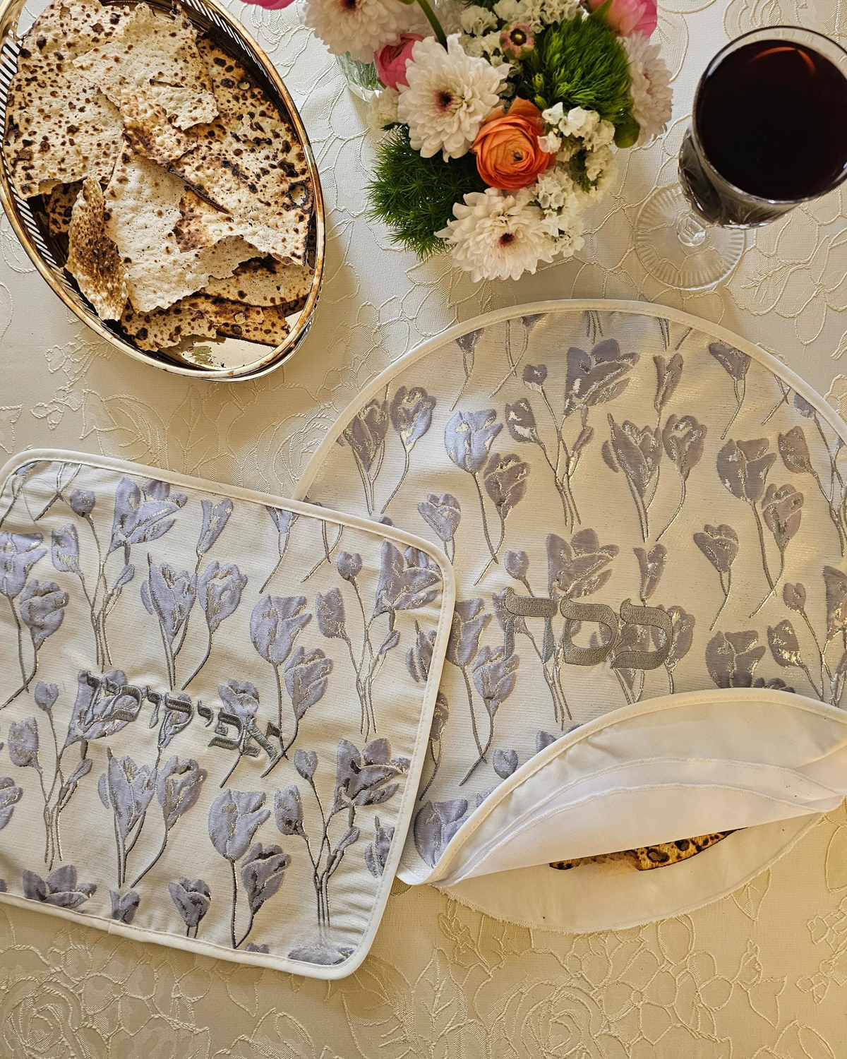 Silver Meadow matzah cover and afikoman bag set in silver brocade jacquard | MitzvahArt