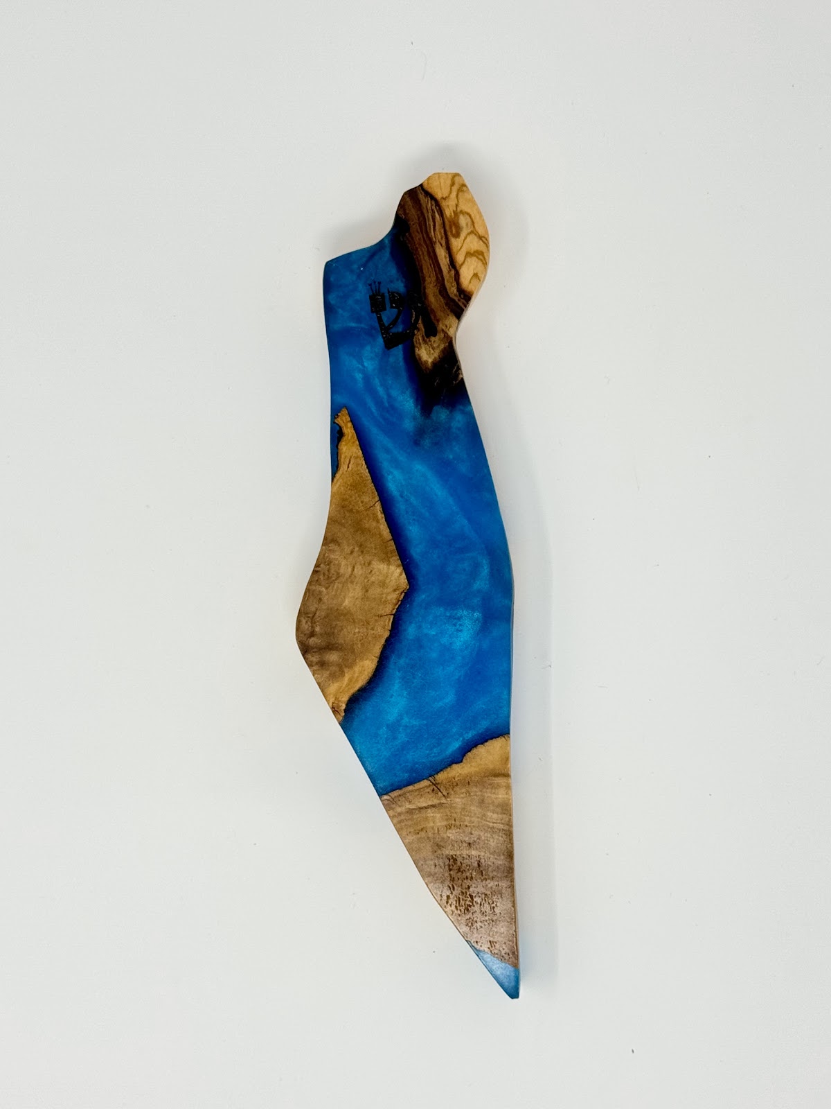 Handmade Israeli Olive Wood Mezuzah Case – Large Blue #7 – olive wood and blue epoxy detail
