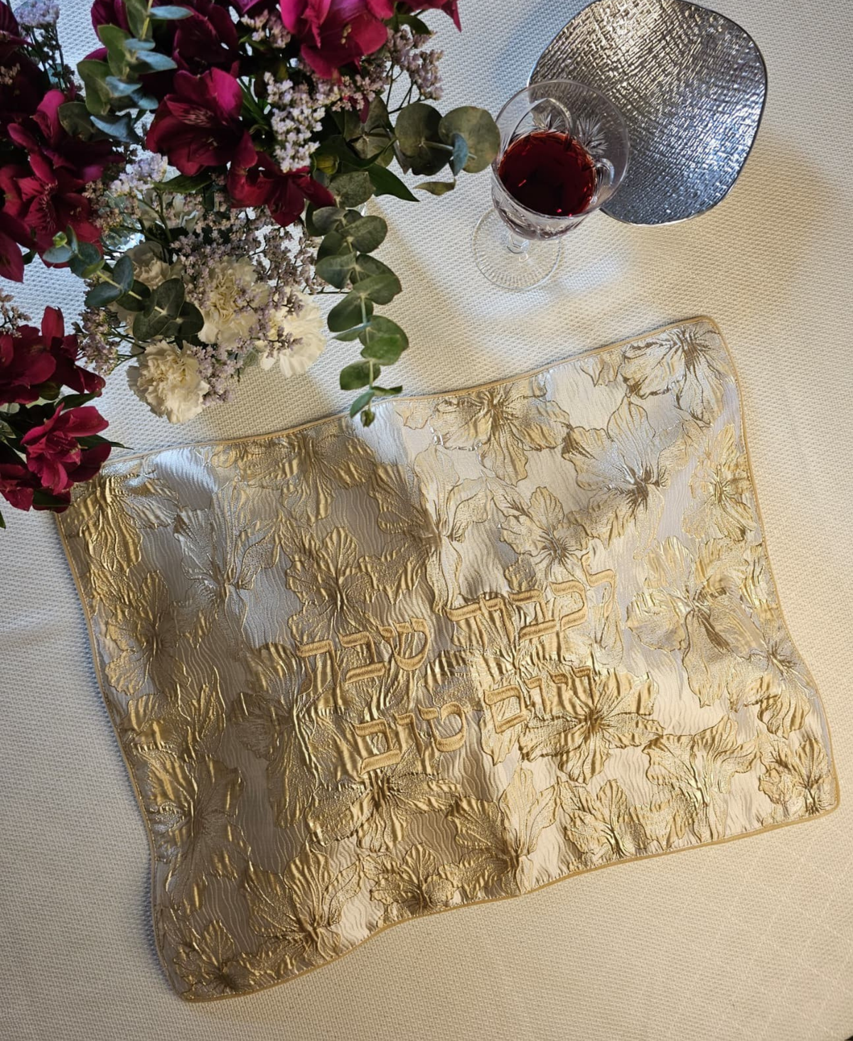 Bronzed Bloom challah cover in bronze brocade jacquard with embroidery | MitzvahArt