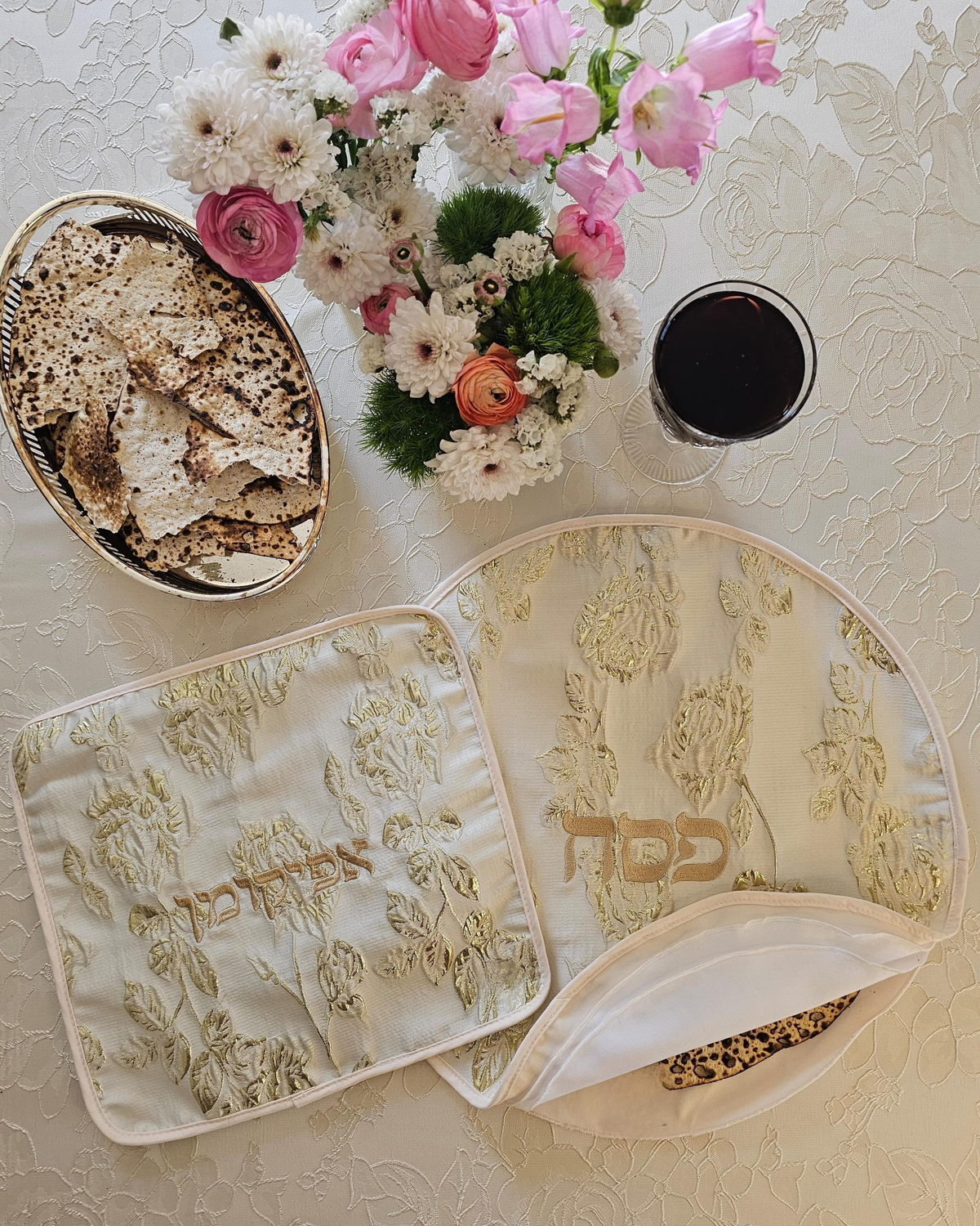 Rose Gold matzah cover and afikoman bag set in rose gold brocade jacquard | MitzvahArt