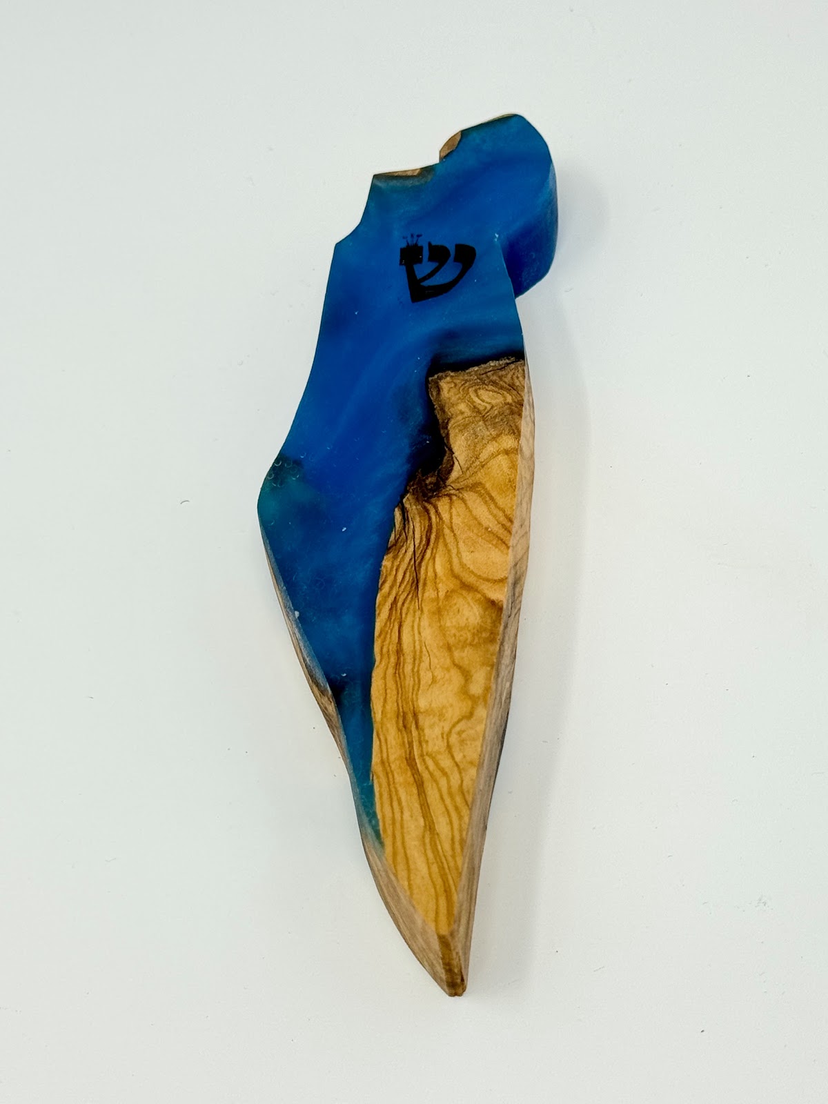 Handmade Israeli Olive Wood Mezuzah Case – Small Blue #12 – olive wood and blue epoxy detail