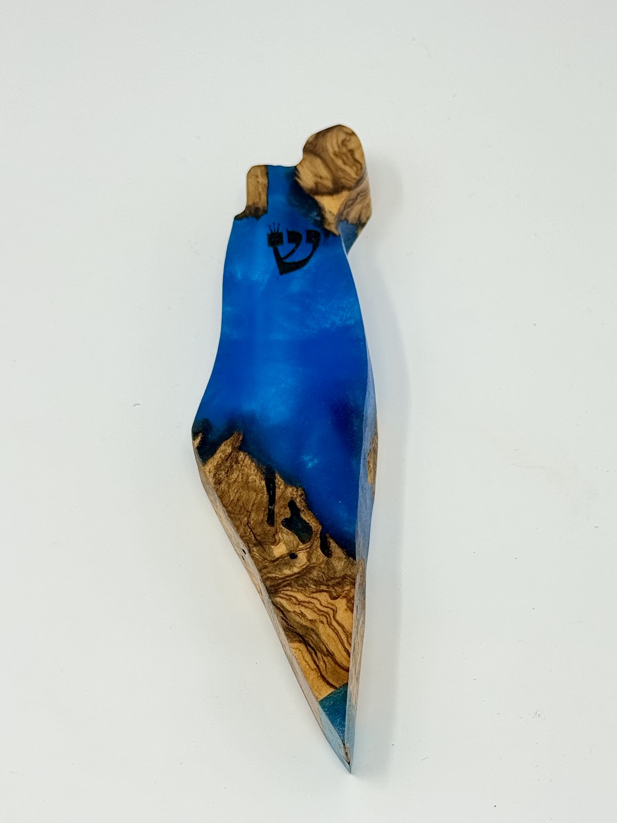 Handmade Israeli Olive Wood Mezuzah Case – Small Blue #3 – olive wood and blue epoxy detail