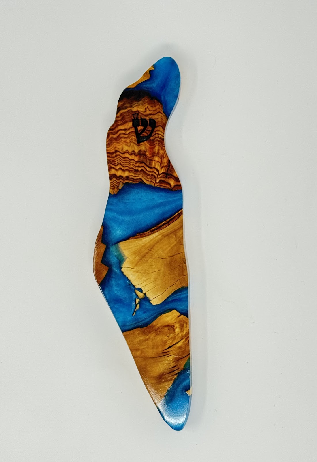Handmade Israeli Olive Wood Mezuzah Case – Large Blue #9 – olive wood and blue epoxy detail