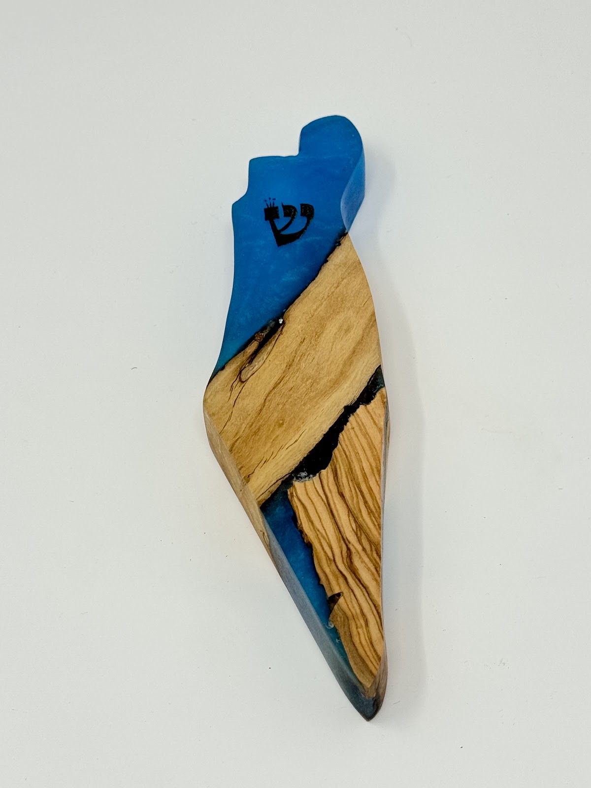 Handmade Israeli Olive Wood Mezuzah Case – Small Blue #11 – olive wood and blue epoxy detail
