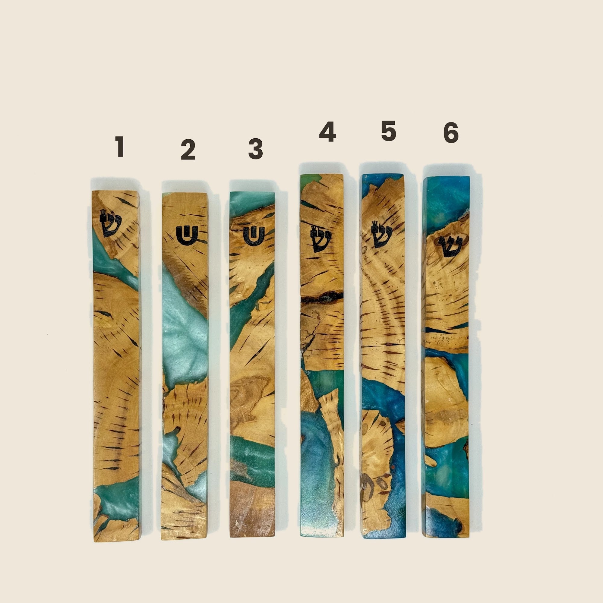 Green olive wood and resin mezuzah cases 1-6, 15 cm | MitzvahArt