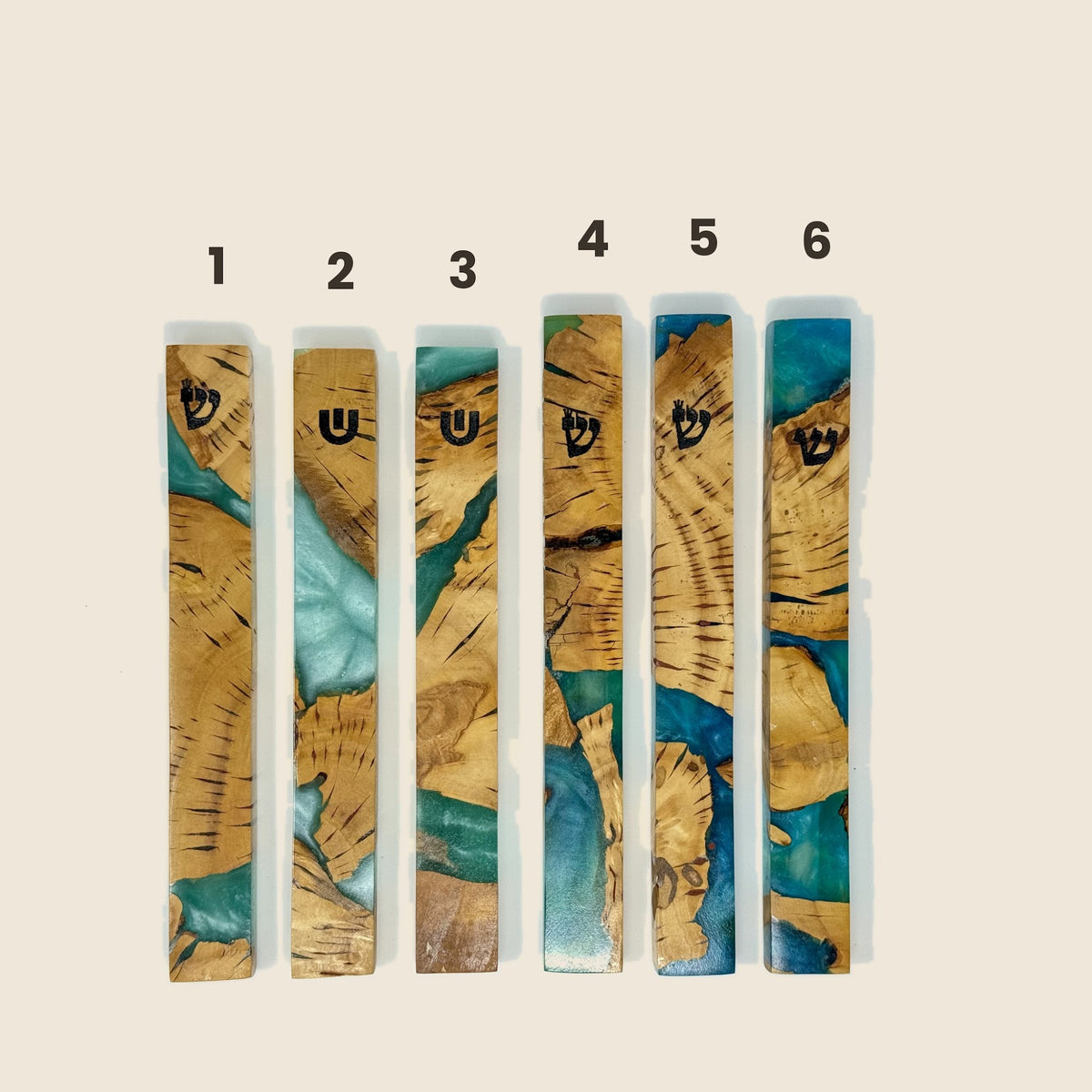 Green olive wood and resin mezuzah cases 1-6, 15 cm | MitzvahArt