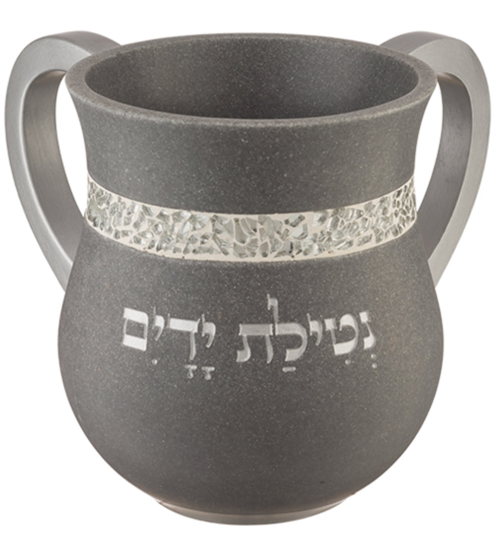 Polymer Washing Cup 14 cm – Grey with Silver Band | Handcrafted Judaica, MitzvahArt