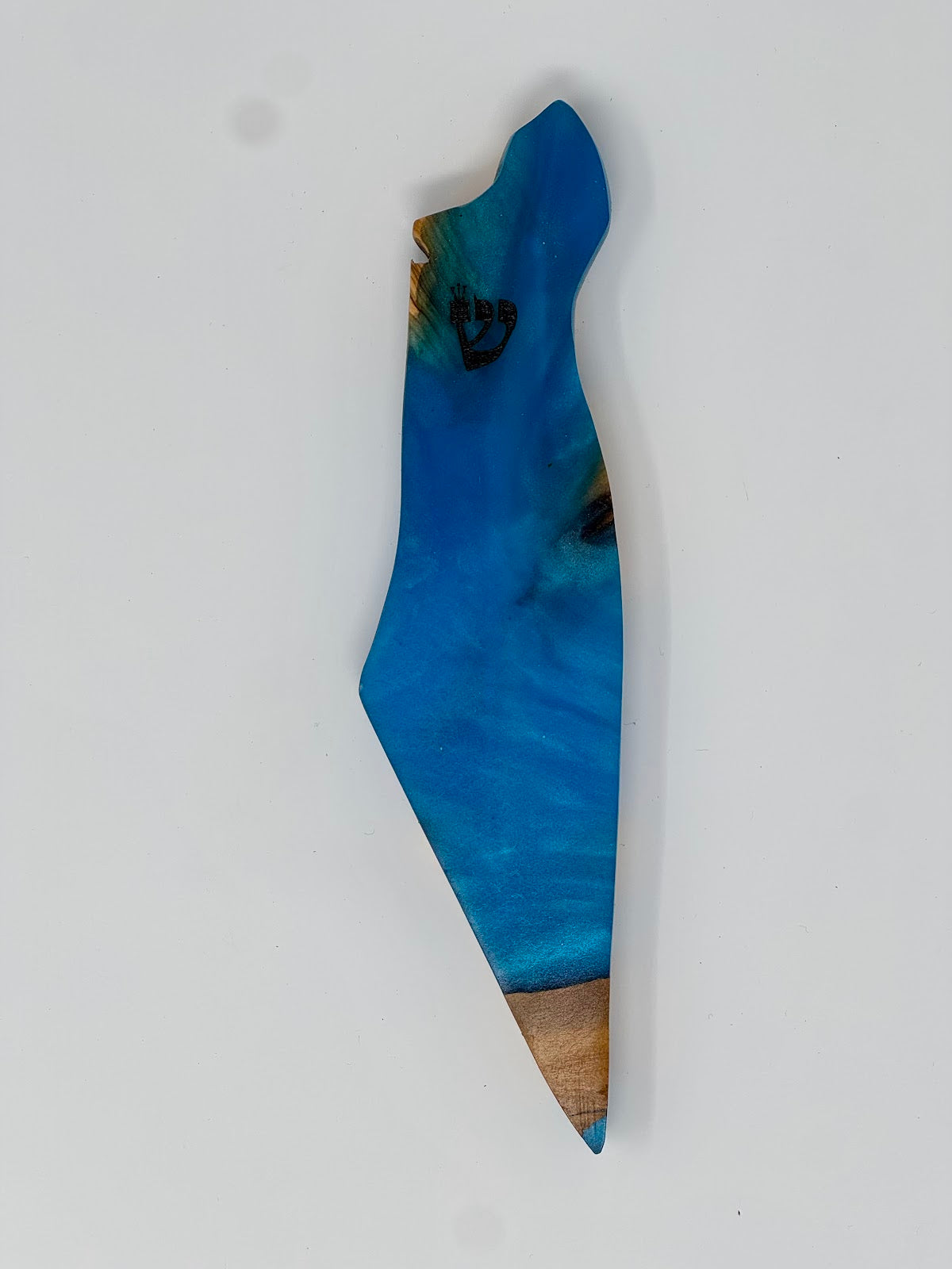 Handmade Israeli Olive Wood Mezuzah Case – Large Blue #2 – olive wood and blue epoxy detail