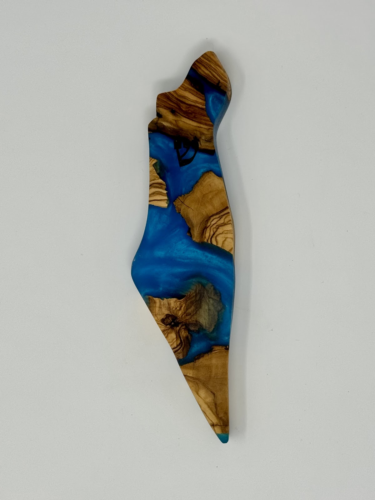 Handmade Israeli Olive Wood Mezuzah Case – Large Blue #4 – olive wood and blue epoxy detail
