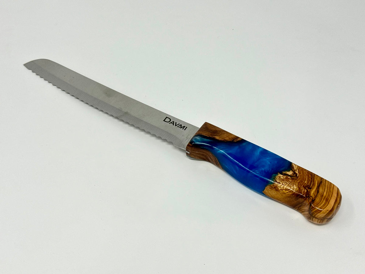 Rekia HaShamayim challah knife No. 3, olive wood and blue epoxy handle | MitzvahArt