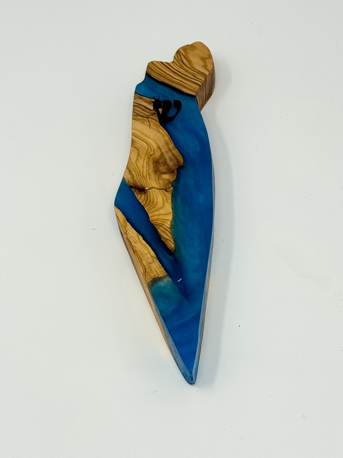 Handmade Israeli Olive Wood Mezuzah Case – Small Blue #7 – olive wood and blue epoxy detail