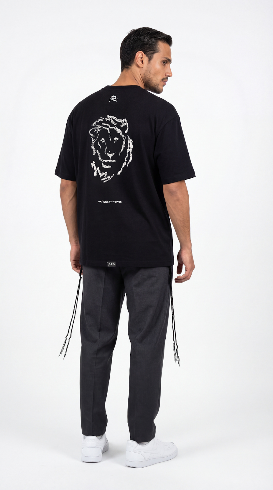 Lion's Rise tzitzit shirt in black - lion print | 613 by MitzvahArt